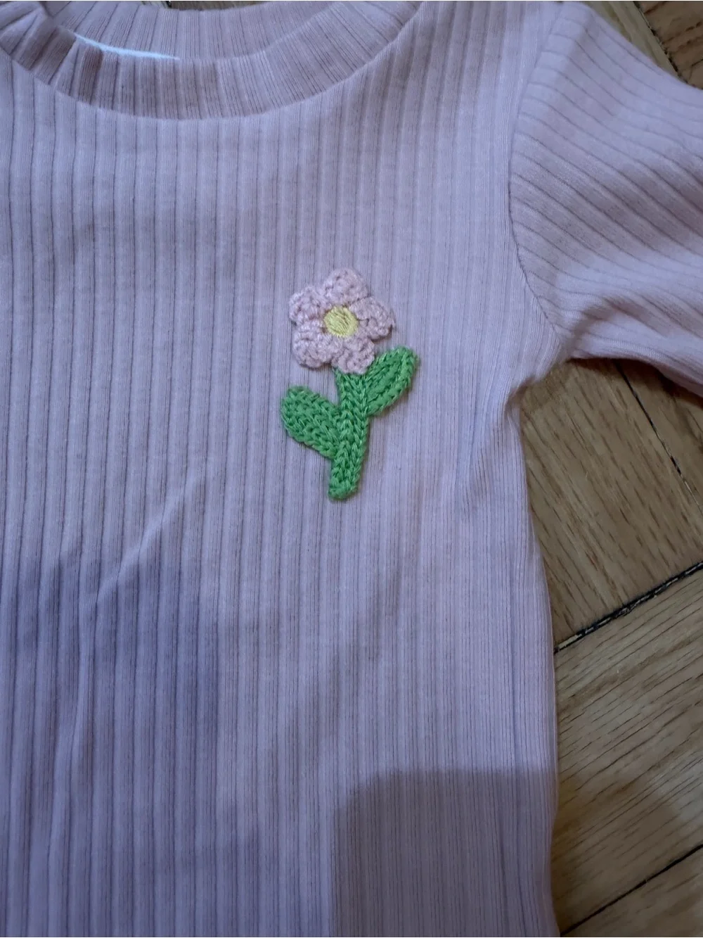 Baby Pink Ribbed Two-Piece Set with embroidered Flower Accent
